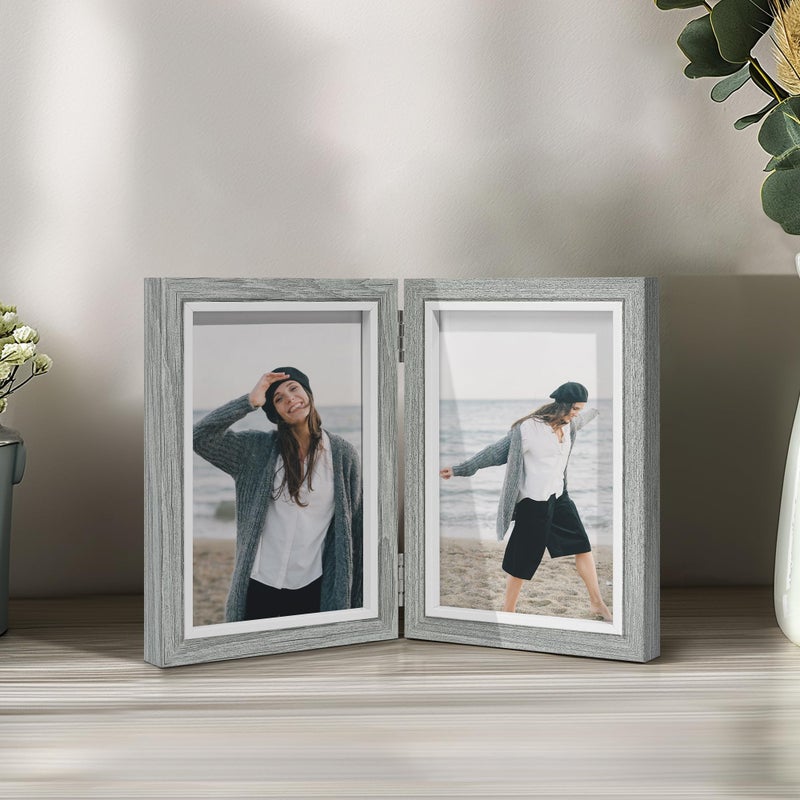 Afuly 4x6 Picture Frame Double Picture Frames 4 by 6 Grey Hinged Photo Frames Modern Wooden Frame Desk Vertical 2 Openings Display Gifts for Chirstmas Wedding Birthday Grandma Women Mom Friends - Image 4